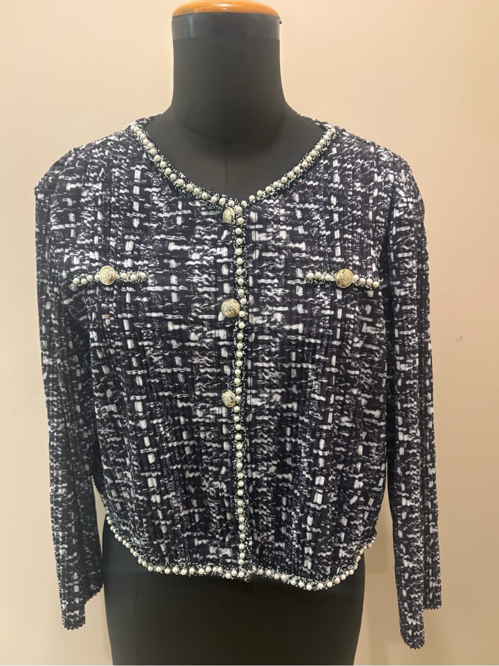 Brand new Black & White pleated Pearl-Trim Women's Jacket
